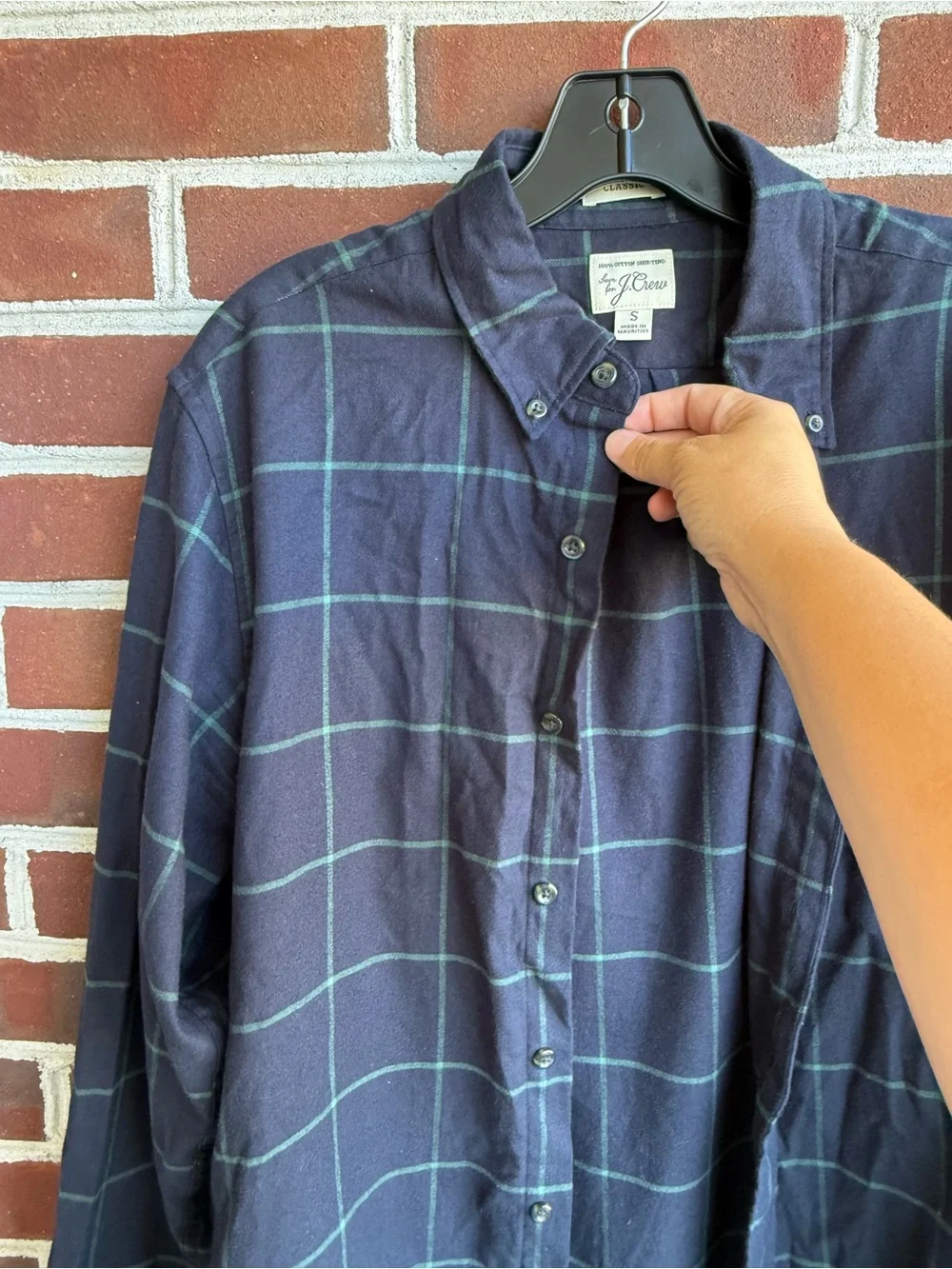 J. Crew Men’s Navy Blue Green Windowpane Plaid Flannel Long Sleeve Shirt Small